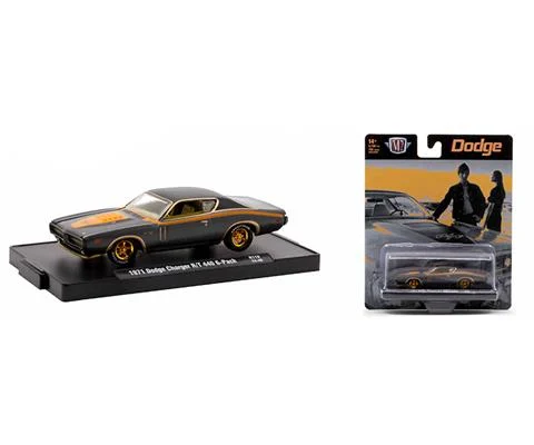 1971 Dodge Charger in Black with Orange Accents and Gold Chrome Rims - M2MACHINES