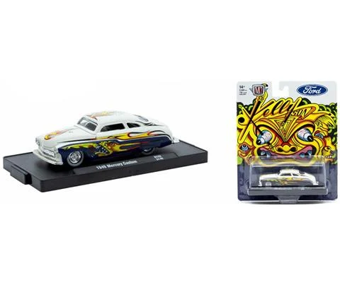1949 Mercury Custom in White and Black with Yellow Flame Decals - M2MACHINES