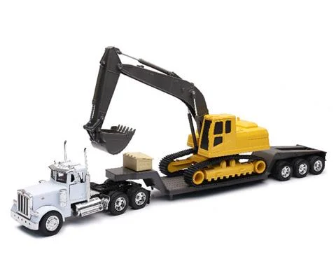 Peterbilt 379 Semi Truck with Lowboy Trailer Hauling an Excavator - NEW-RAY