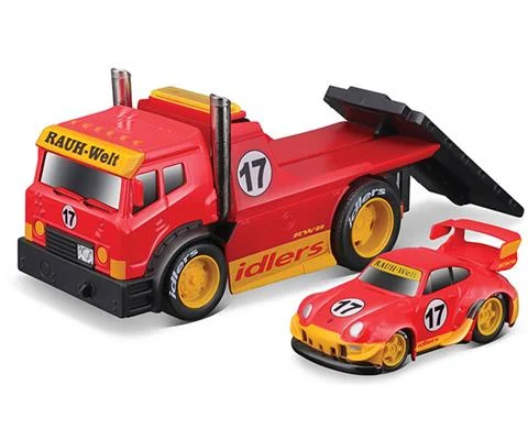 JDM Flatbed Tow Truck with AWB 993 911 both in Red with Yellow - MAISTO