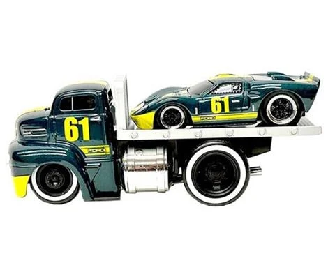 1950 Ford COE Flatbed Tow Truck with 1966 Ford GT40 MKII both in Dark Green with Yellow - MAISTO