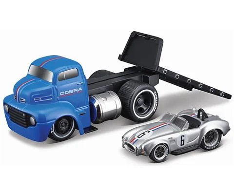 1950 Ford COE Flatbed in Blue with 1964 Shelby Cobra in Silver - MAISTO