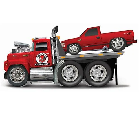 Anthonys Automative - 1980 MACK R685ST Flatbed in Red with 1993 Chevrolet 454 SS Pickup in Red