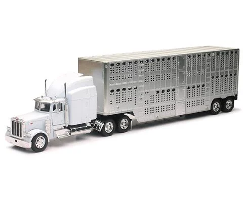 Peterbilt 379 Truck in White with Pot Belly Livestock Trailer in Chrome - NEW-RAY