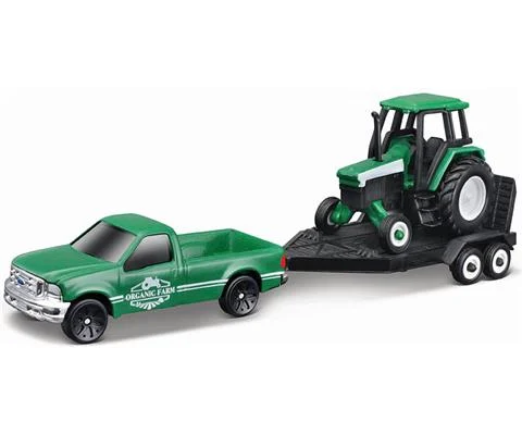 Organic Farm - Ford F-350 Pickup Truck in Green and Flatbed Trailer in Black with Tractor in Green