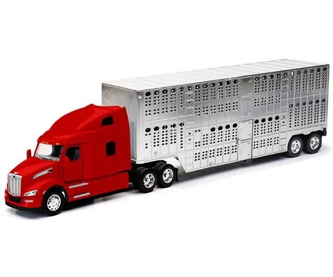 Peterbilt 579 Sleeper Cab in Red with Chrome Livestock Trailer - NEW-RAY