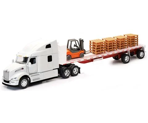 Peterbilt 579 Sleeper Cab in White and Flat Bed Trailer with Forklift and Pallets - NEW-RAY