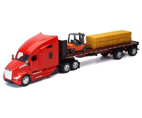 Kenworth T680 Cab in Red and Flatbed Trailer with Forklift and Haybales - NEW-RAY