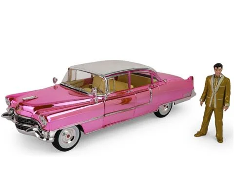 1955 Cadillac Fleetwood Series 60 Pink Cadillac Chrome Edition with Elvis Gold Suit Figure - Elvis Presley 1935-77
