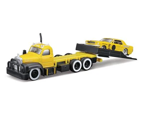 1953 Mack B-61 Flatbed with 1965 Ford Mustang in Yellow - Elite Transport Series