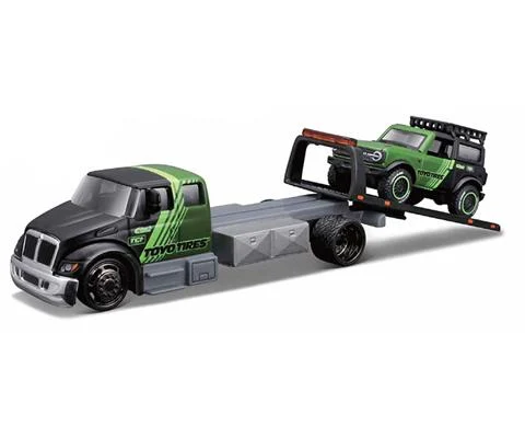 Toyo Tires - International Durastar Flatbed Tow Truck with 2021 Ford Bronco Wildtrak in Black and Green - Allstars Elite