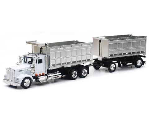 Kenworth W900 Double Dump Truck with Trailer in Chrome and White cab - NEW-RAY