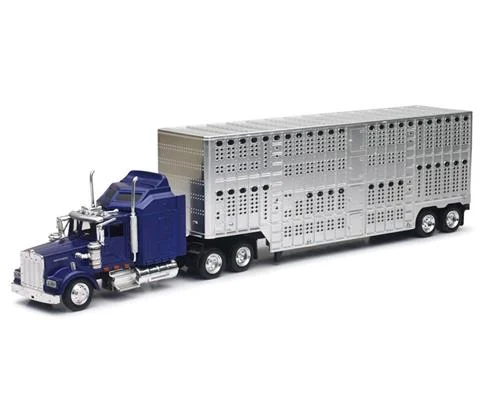 Kenworth W900 in Blue with Chrome Pot Belly Livestock Trailer - NEW-RAY