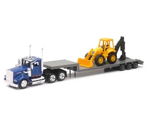 Kenworth W900 Truck in Blue Hauling a Backhoe Loader - NEW-RAY