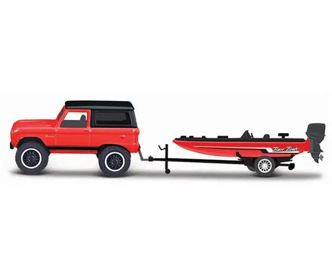 1966 Ford Bronco and Trailer with Bass Boat in Red - Tow and Go Series