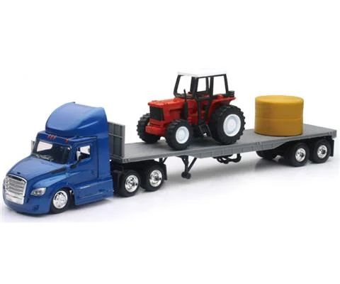 Freightliner Cascadia Tractor with Flatbed and Farm Tractor - NEW-RAY