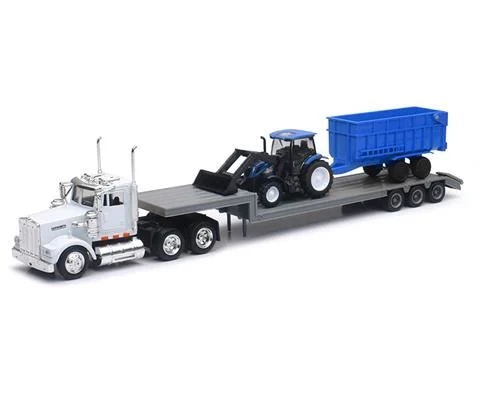Kenworth Truck and Lowboy Trailer with New Holland Farm Tractor - NEW-RAY
