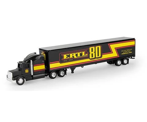 ERTL 80th Anniversary Semi with Van Trailer Decorated with Vintage ERTL Graphics in Black with Red and Yellow Stripes