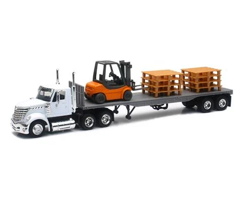 International Lonestar with Flat Bed Hauling a Forklift and Pallets - NEW-RAY