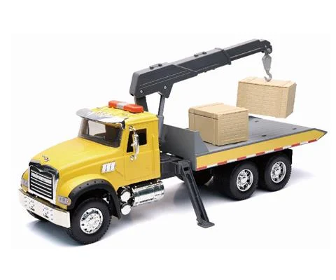 Mack Granite Rollback Truck In Yellow with Loading Crane and Crates - NEW-RAY
