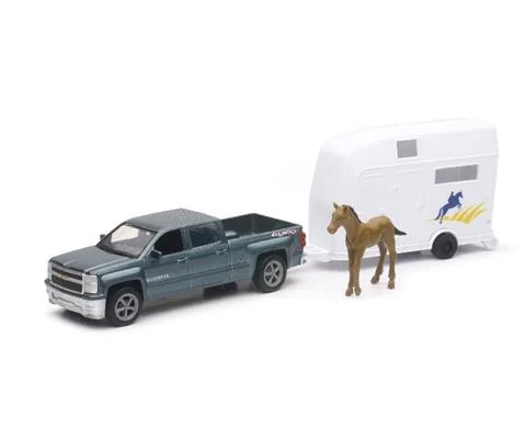 Chevrolet Silverado Pickup in Grey Hauling Horse Trailor with Horse Figure - NEW-RAY
