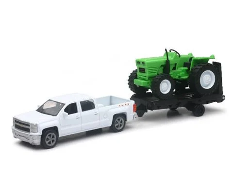 Chevrolet Silverado Pickup in White Hauling Farm Tractor in Green with Trailor - NEW-RAY