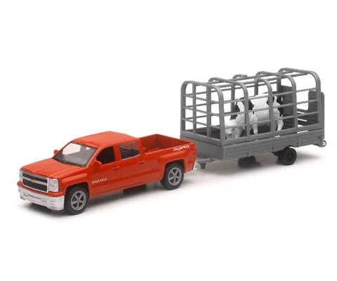 Chevrolet Silverado Pickup in Red Hauling Cattle Trailor with Cow Figure - NEW-RAY