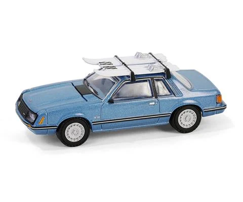 1981 Ford Mustang Ghia Coupe with Ski Roof Rack in Medium Blue - GREENLIGHT