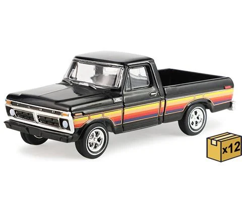 1977 Ford F-100 Pickup Truck in Raven Black - Free Wheeling Stripes Edition - 12 Pieces in a Non-Returnable Factory-Sealed