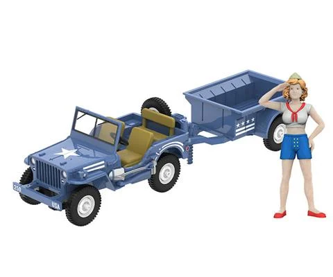 1943 Willys MB Jeep with Cargo Trailer and Military Pin-Up Girl Figurine - America 250 Edition