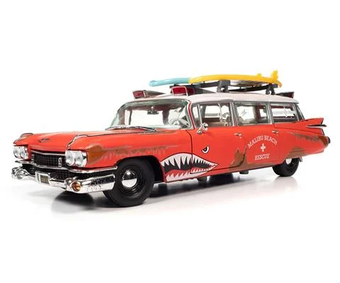 1959 Cadillac Eldorado Ambulance Surf Shark in Faded Rusty Red and White with Shark Graphics and Surf Boards - AUTO WORLD