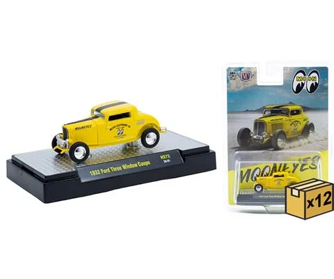Mooneyes - 1932 Ford Three Window Coupe in Yellow with Mooneyes Graphics - 12 Pieces in a Non-Returnable Case