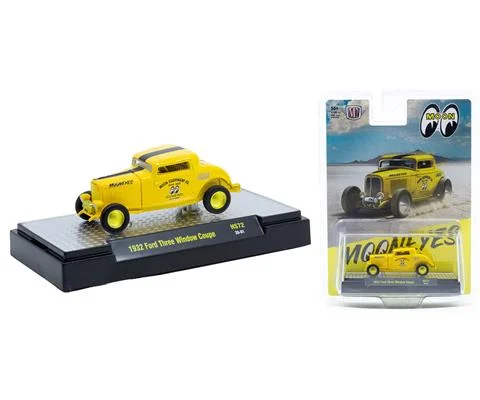 Mooneyes - 1932 Ford Three Window Coupe in Yellow with Mooneyes Graphics and Gold Chrome Rims and Accents