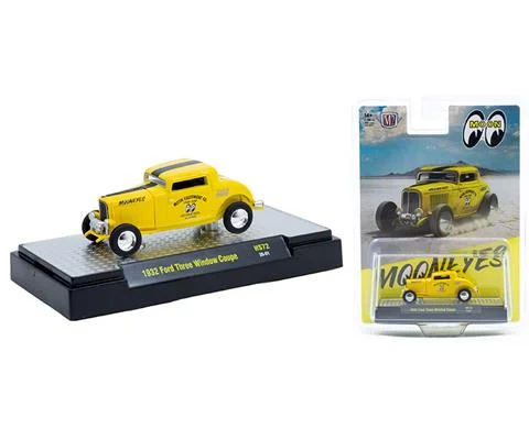 Mooneyes - 1932 Ford Three Window Coupe in Yellow with Mooneyes Graphics