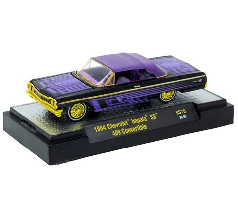 1964 Chevrolet Impala SS 409 Convertible in Black with Electric Purple Patterns and Pinstripes with Gold Chrome Rims and Accents - M2MACHINES