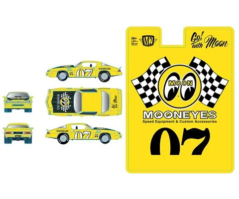 Mooneyes - 1979 Chevrolet Camaro Z/28 in Yellow with Black Hood and #07 Racing Graphics