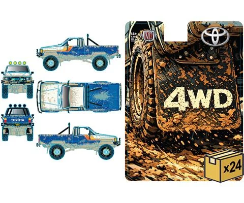 1985 Toyota Truck 4X4 in Blue and White with Orange and Red Stripes and Mud Splatter Graphics - 24-Piece Non-Returnable