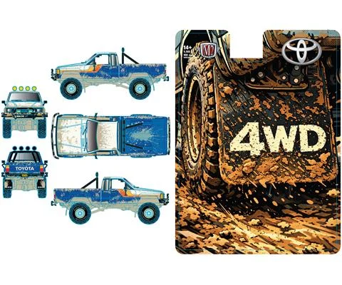 1985 Toyota Truck 4X4 in Blue and White with Orange and Red Stripes and Mud Splatter Graphics - M2MACHINES