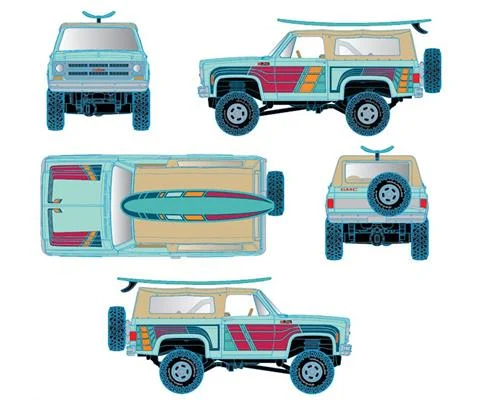 1975 GMC Jimmy Sierra 4X4 Custom Soft Top Pickup Truck in Light Blue with Stripes and Surfboard on the Roof - M2MACHINES