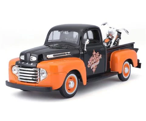 Harley-Davidson - 1948 Ford F1 Pickup Truck in Black and Orange hauling a 1958 Harley-Davidson FL Duo Glide Motorcycle