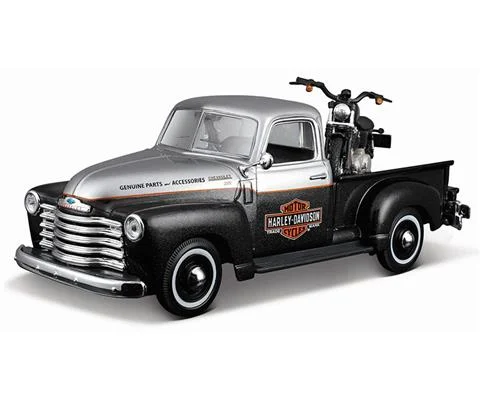 Harley-Davidson - 1950 Chevrolet 3100 Pickup Truck in Black and Grey Hauling a 1948 Harley Davidson Panhead