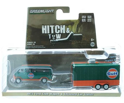 1972 Ford Club Wagon Gulf Oil with Enclosed Car Hauler - GREENLIGHT