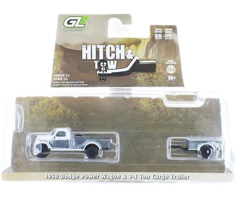 1950 Dodge power Wagon in Raw Body Grey and White 1/4 Ton Cargo Trailer - GREENLIGHT