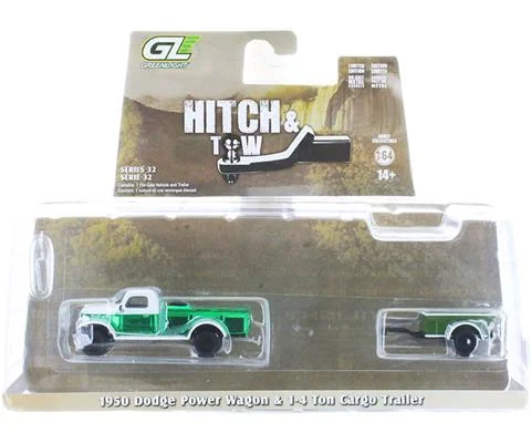 1950 Dodge power Wagon in Green Chrome and White 1/4 Ton Cargo Trailer - GREENLIGHT