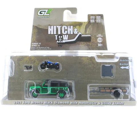 2021 Ford Bronco Black Diamond in Green Chrome with Utility Trailer and Motorcycle - GREENLIGHT