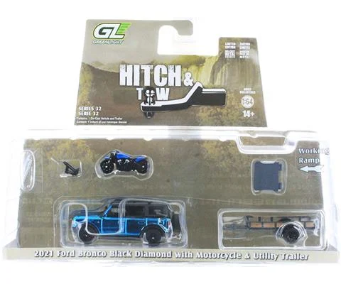 2021 Ford Bronco Black Diamond in Blue Chrome with Utility Trailer and Motorcycle - GREENLIGHT