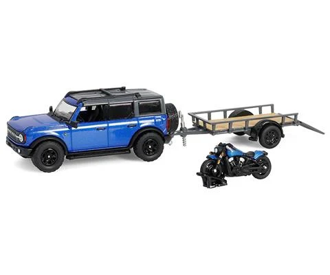 2021 Ford Bronco Black Diamond in Velocity Blue Metallic with Utility Trailer and Motorcycle - GREENLIGHT