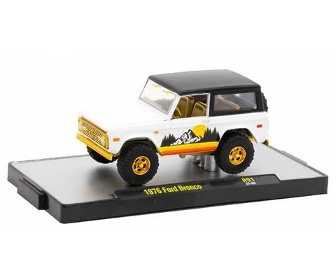 1976 Ford Bronco in White with Mountain Sunrise Graphics Gold Chrome Rims and Gold Chrome Accents - M2MACHINES