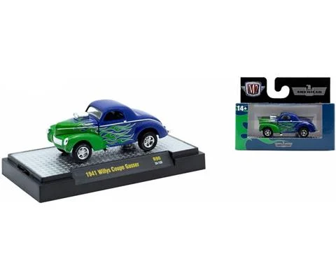 1941 Willys Coupe Gasser in Blue with Green Flame Designs - M2MACHINES