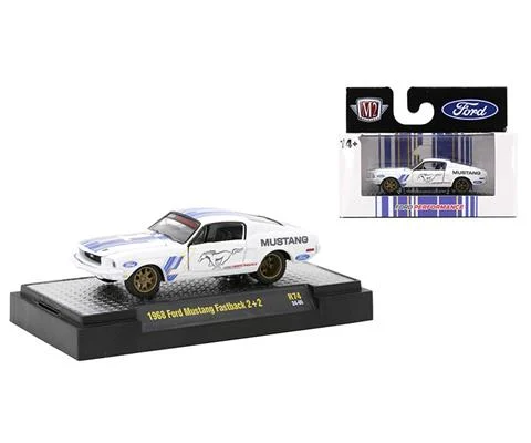 1968 Ford Mustang Fastback in White with Blue Designs - M2MACHINES
